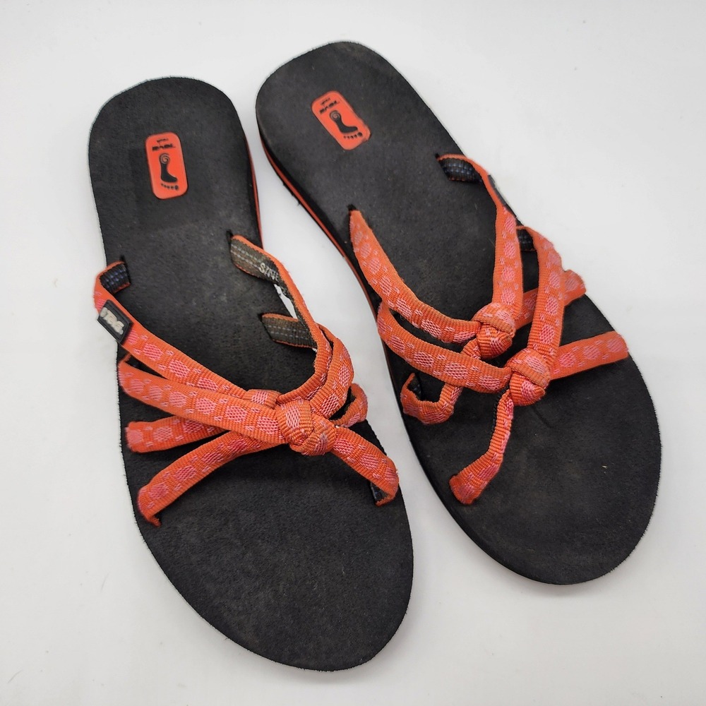 Teva Olowahu Sandals Womens 9 Orange Black Strappy Flip Flops